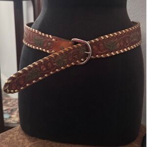 Vintage Kenny Rogers Hand Laced Top Grain Saddle Leather Belt Oak Leaf Acorn 34